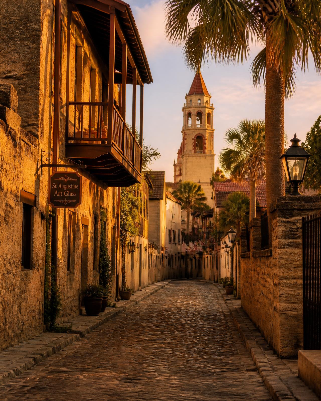 Golden light on a narrow coquina-walled street in St. Augustine with a bell tower beyond